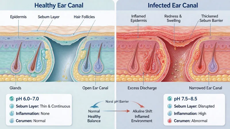 healthy vs infected dog ear canal diagram
